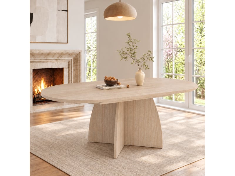  Table à manger extensible 120x90 cm à 180x90 cm, angles arrondis, en mdf, beige effet travertin  - Conforama E