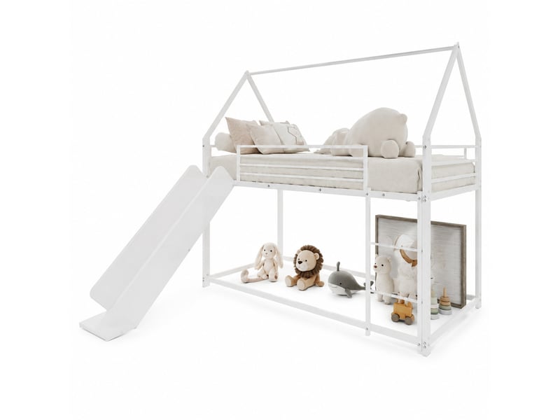  Lit superposé enfant 90 × 190 cm 2 places avec toboggan, escalier et barrières, sans matelas, en métal blanc  - Conforama A