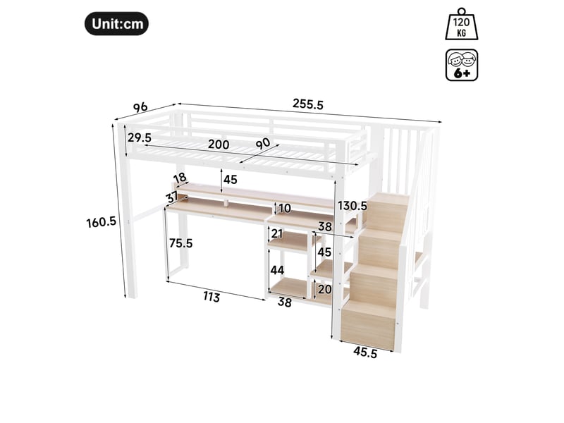  Lit mezzanine 90x200 cm avec bureau, rangement, led et usb-c blanc  - Conforama C