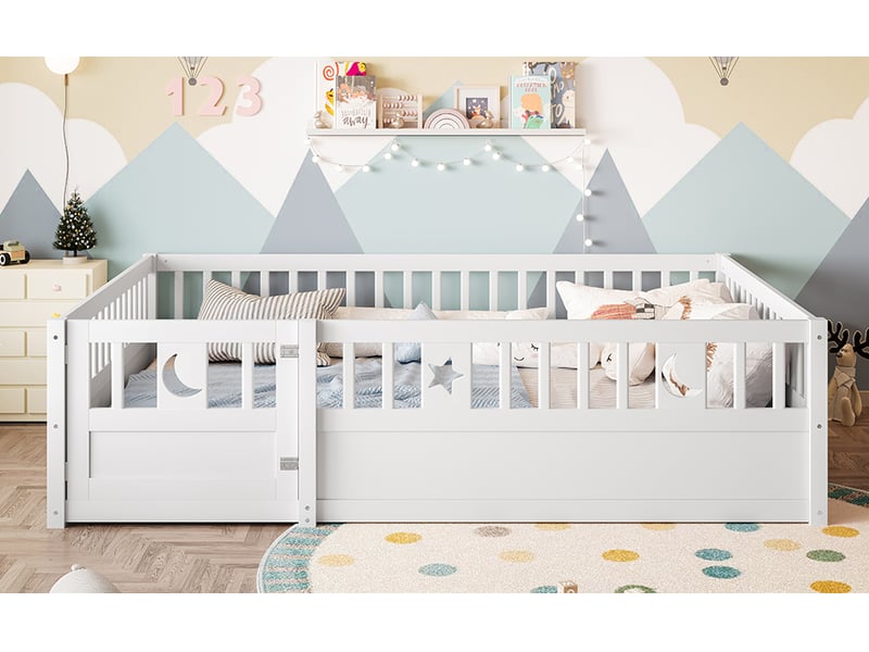  Lit enfant 140x190 cm avec barrière de sécurité motif étoiles et lune bois de pin blanc sans sommier ni matelas Sol Morn - Conforama E