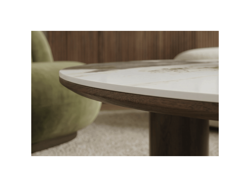  Table basse pterax 110 cm en céramique effet marbre blanc et pieds aspect bois – forme organique  - Conforama E