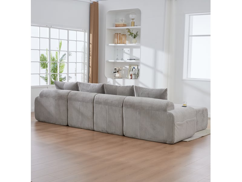  Canapé modulable 4 places 333x174x80 cm porte-gobelet intégré poche latérale assises larges velours côtelé gris clair  - Conforama E