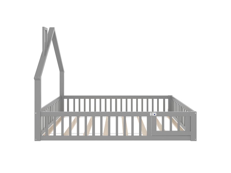 Lit cabane enfant 140 x 190 cm - lit avec sommier à lattes - bois massif - garde-corps sécurité - design cheminée - gris - Conforama E