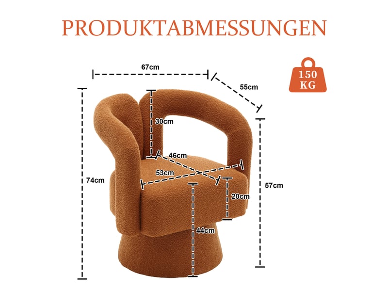  Fauteuil pivotant en bouclette avec assise rembourrée et base métallique, orange  - Conforama E