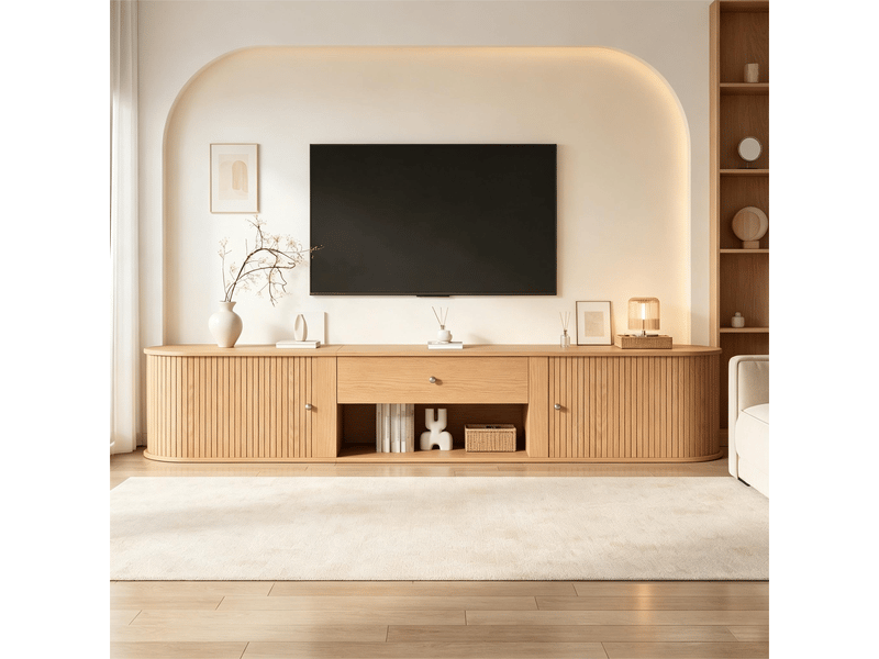 Meuble tv 180 cm pour écran jusqu’à 75 pouces, 2 portes à rideau rainurées, 1 tiroir, niche ouverte, coins arrondis, effet bois naturel  - Conforama B