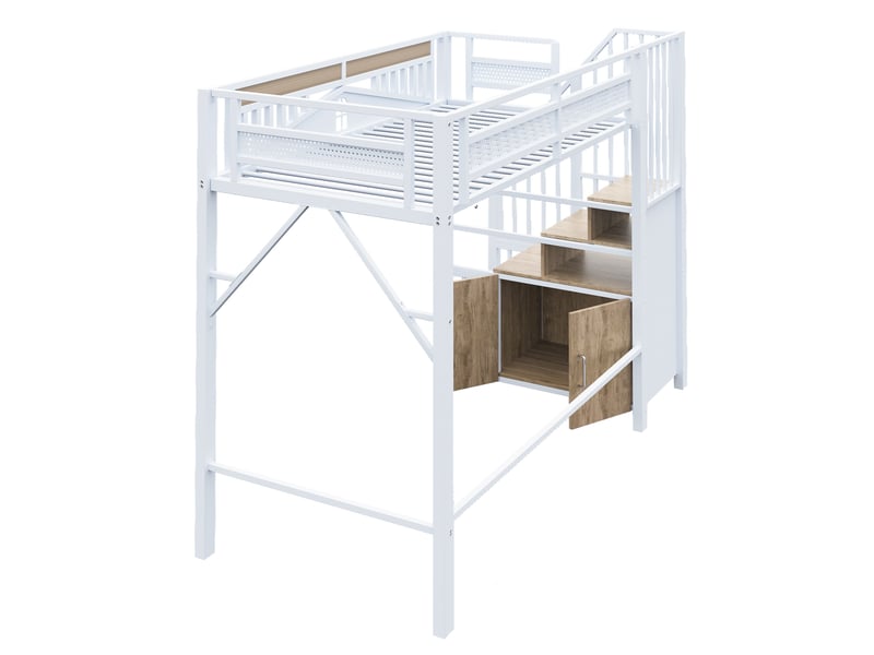  Lit mezzanine blanc 90x200cm avec escalier rangement, bureau, sécurité renforcée, confort durable - fer et mdf - pour enfant ado  - Conforama D