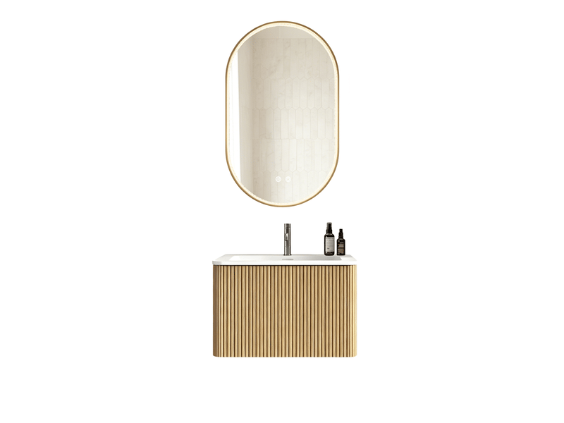 Ensemble meuble de salle de bain suspendu 61 cm – chêne clair – vasque intégrée et miroir led antibuée - Conforama A