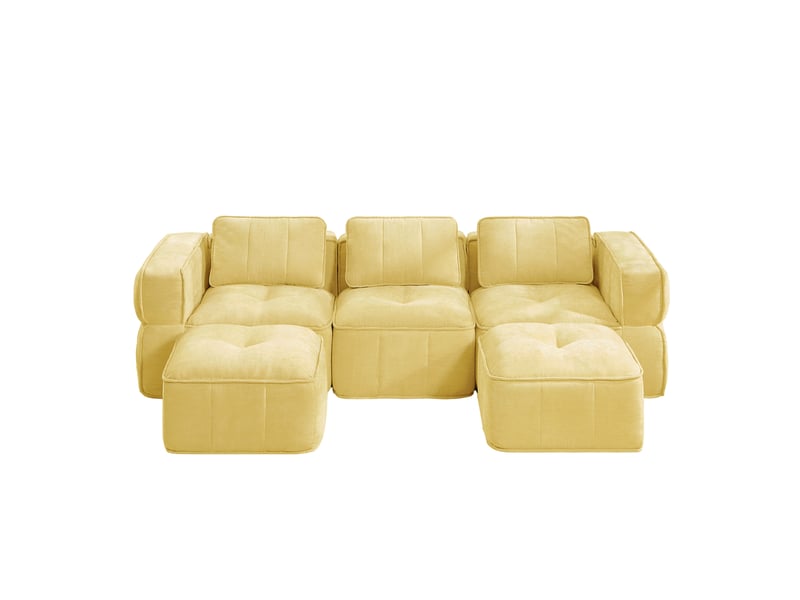  Canapé modulable en u 3 places avec 2 poufs, en polyester jaune  - Conforama E