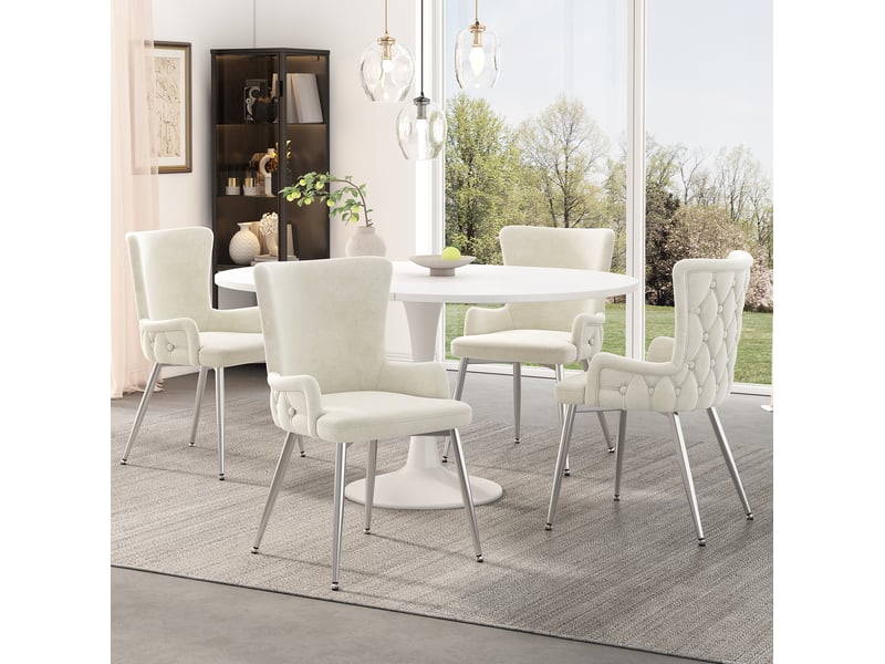  Lot de 4 chaises de salle à manger en velours avec accoudoirs et pieds en métal, beige et argenté  - Conforama B