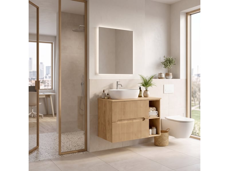  Meuble sous vasque suspendu avec étagère 2t novo l.80 cm effet chêne hikora  - Conforama B