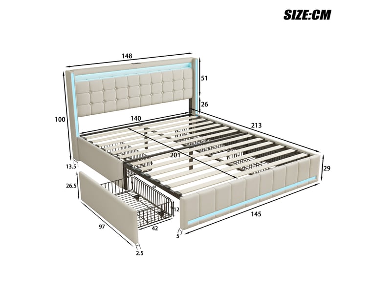 Dreammespace lit double adulte 140x200 cm avec 4 tiroirs et prises usb type-c cadre led multicolore sommier à lattes tissu lin beige DreamMespace - Conforama E