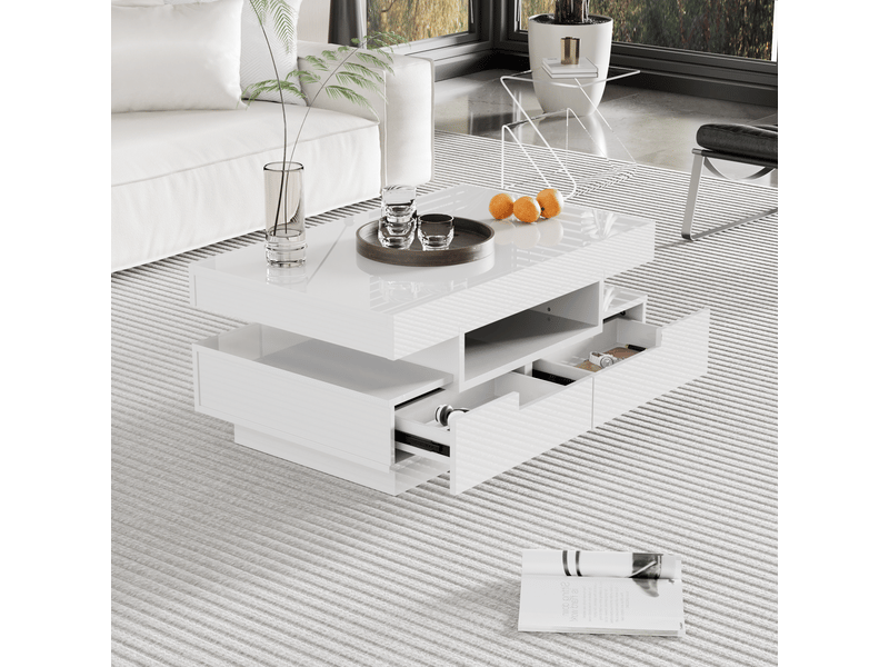  Table basse brillante avec 4 tiroirs et 3 niches, led réglable, pour salon, blanc, 80 x 50 x 36 cm  - Conforama B