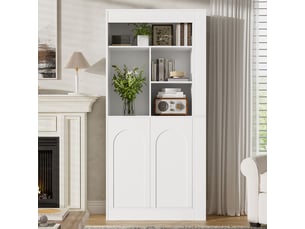 Vitrine 85 x 35 x 180 cm meuble de rangement à étagère ouverte rangement polyvalent structure haute 2 portes compartiments latéraux coloris blanc style moderne