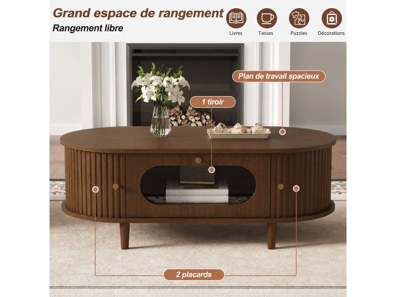Table basse effet noyer avec rangement, 1 tiroir, 2 portes à rideau, 100 x 50 x 36 cm, bois foncé - Conforama C