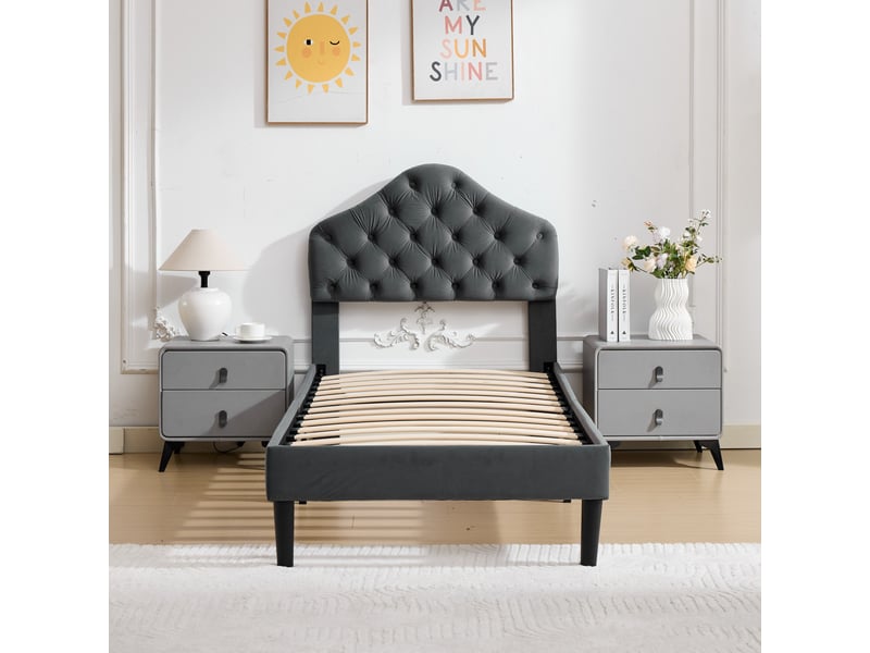  Lit 90x200cm - lit enfant 90x200 - lit simple rembourré en velours avec tête de lit capitonnée réglable - gris  - Conforama B