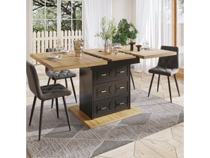 Table à manger extensible 110-140x80x75 cm avec rangement (2 tiroirs), plateau mdf, métal, couleur naturel