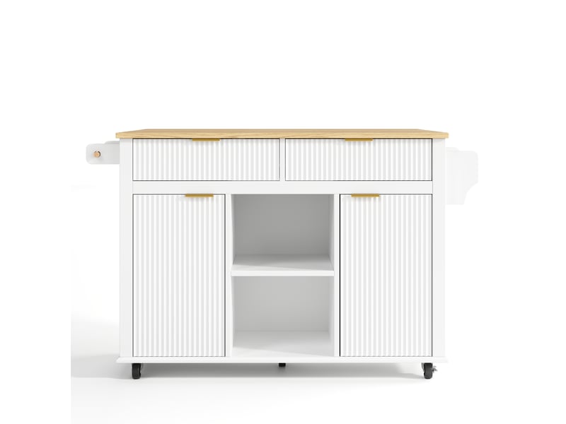  Îlot de cuisine mobile blanc et bois naturel en mdf, plateau rabattable, 2 tiroirs et 2 portes, range-épices, 120 × 45 cm  - Conforama A