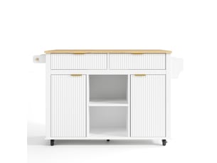 Îlot de cuisine mobile blanc et bois naturel en mdf, plateau rabattable, 2 tiroirs et 2 portes, range-épices, 120 × 45 cm