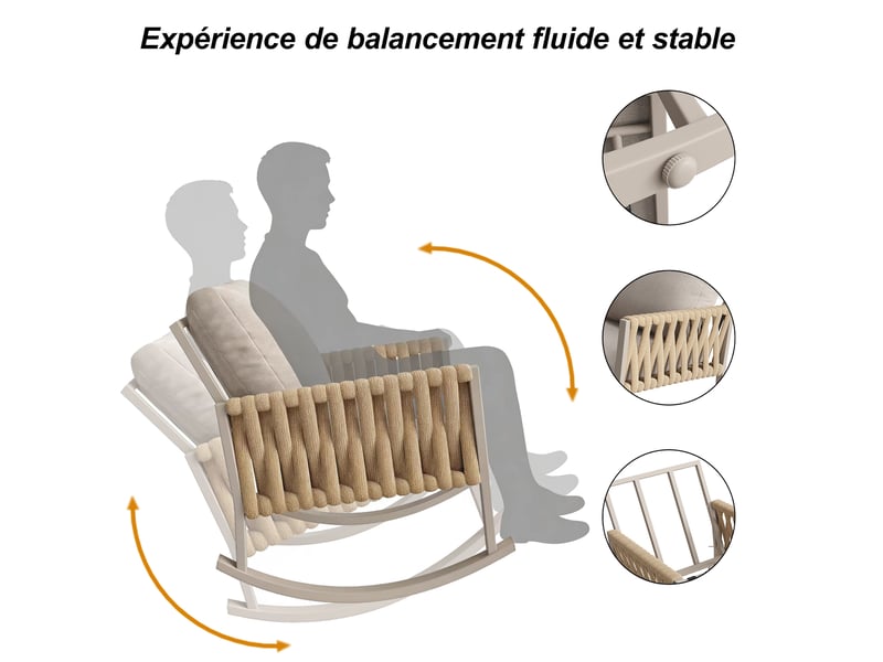 Fauteuil à bascule extérieur jardin 65x79x78 cm avec cordage croisé et coussins confort, pour terrasse, métal, beige - Conforama E