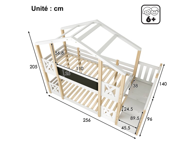  Lit superposé, lit 2 places 90x200 cm en bois avec escalier de rangement, tableau et barrière, sans matelas  - Conforama D
