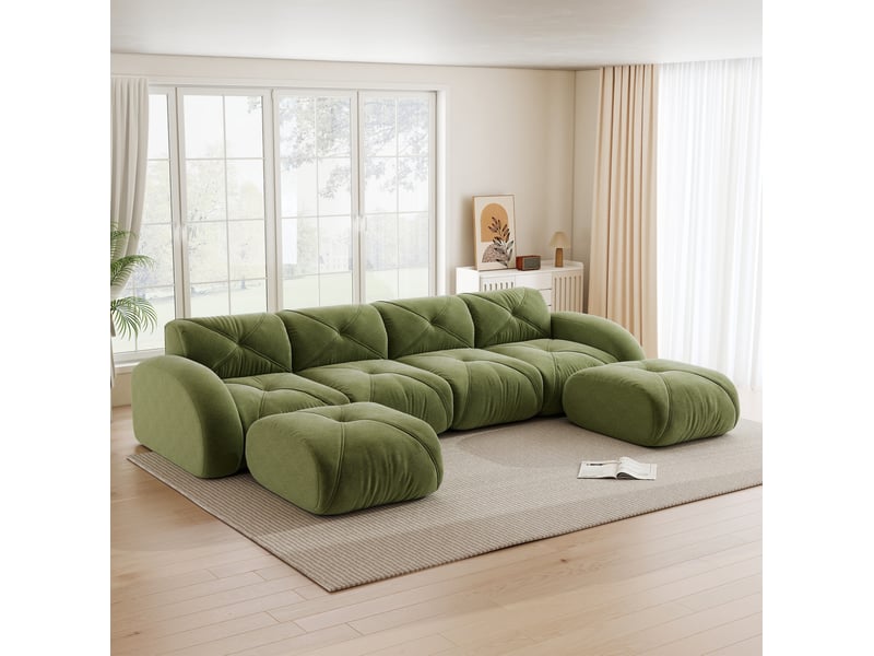  Canapé modulable en u 4 places avec 2 poufs en chenille vert  - Conforama C