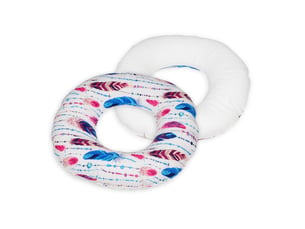 Coussin rond post natal plumes multicolores – blanc
