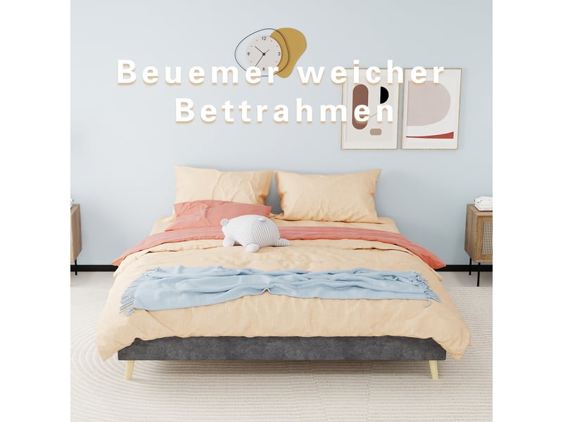  Cadre de lit double 160x200 cm, sommier à lattes, pieds inclus, sans tête de lit, velours et métal gris, sans matelas  - Conforama D