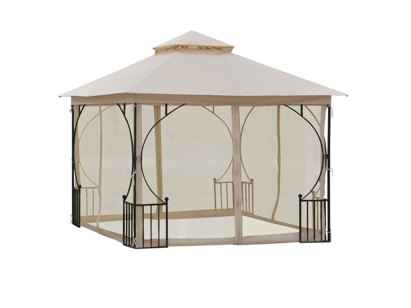 Gazebo de jardin 295 x 295 x 275 cm – beige et noir – double toit, moustiquaires et 17 piquets d'ancrage - Conforama A