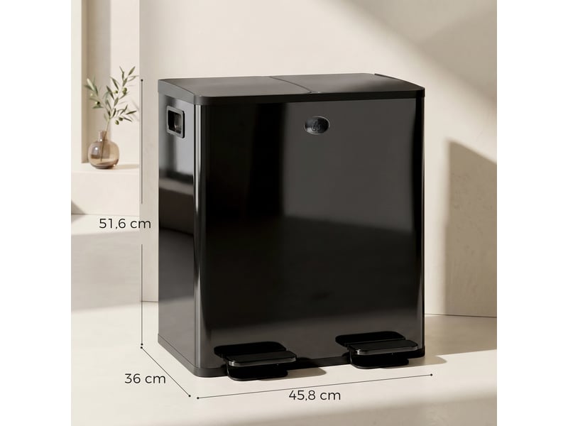  Poubelle double 2 x 20 l à pédale en acier inoxydable et plastique noir 45,8x36x51,6 cm  - Conforama C