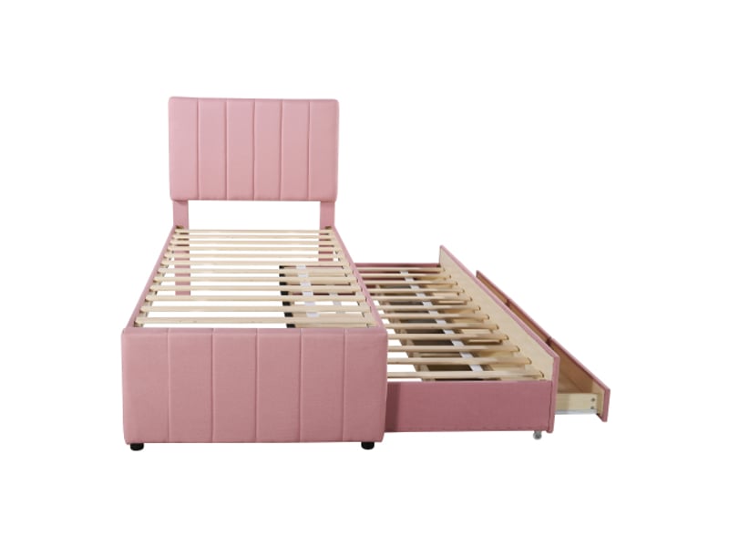 Lit rembourré jeune 90x200 cm avec 1 lit gigogne 90x190 cm et 3 tiroirs, lin et mdf, rose (sans matelas) - Conforama C