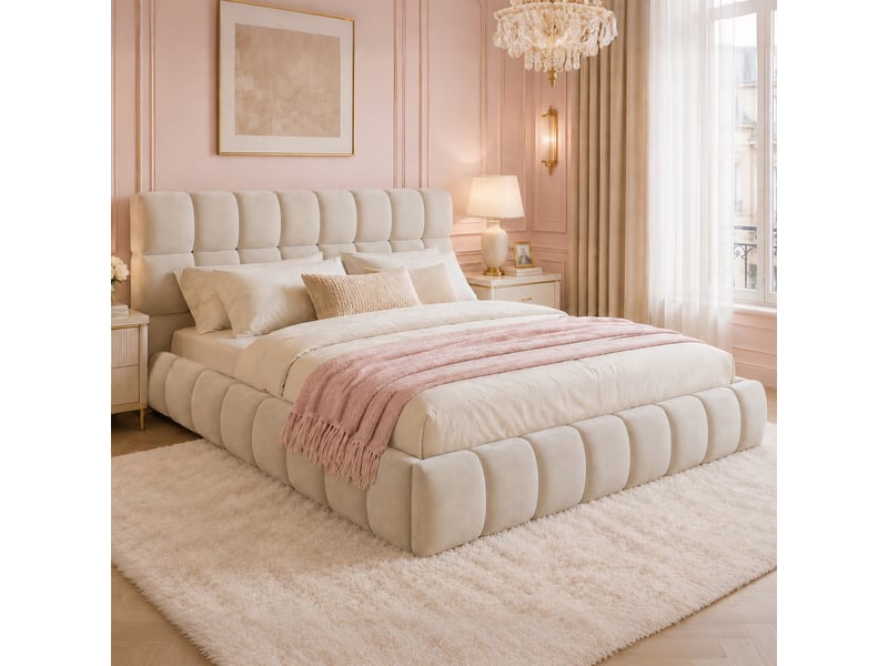  Lit double,140x190 cm,avec tête de lit rembourrée,velours,beige  - Conforama B