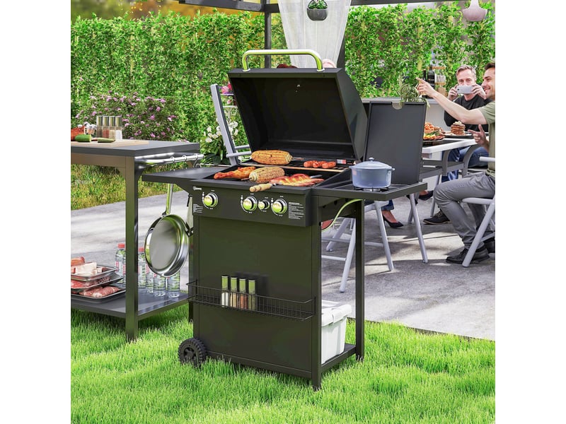  Barbecue gaz 3+1 brûleurs en acier, puissance 9,5 kw, barbecue de jardin 2 grilles étagères latérales, 2 roues, noir  - Conforama C