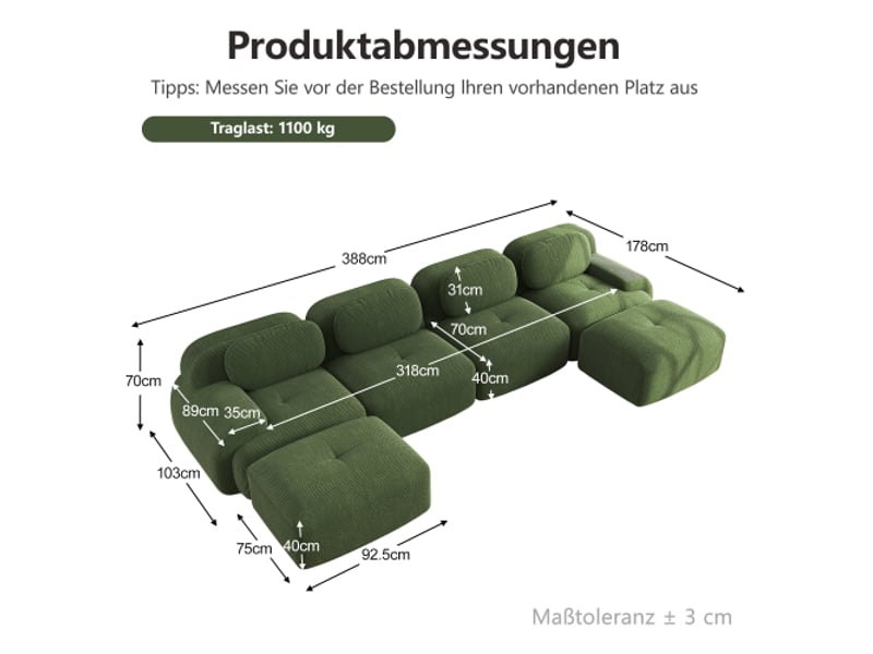  Canapé u modulaire sans montage — tissu respirant, rembourrage 32d élastique, accoudoirs larges, ergonomique, vert  - Conforama C