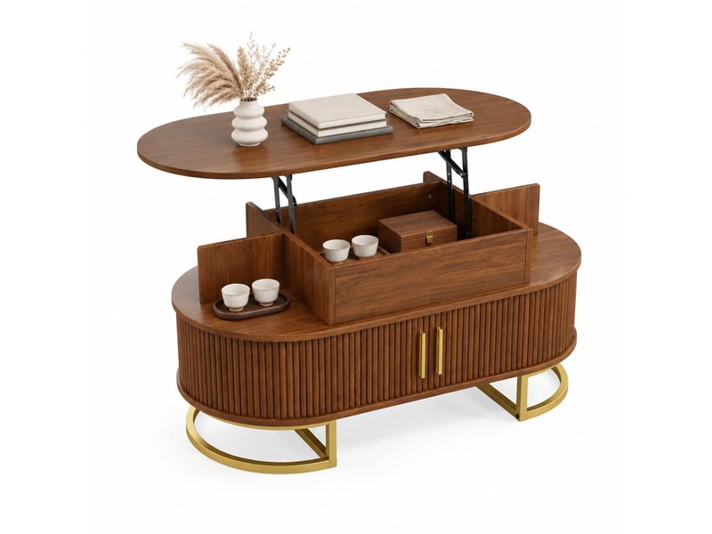  Table basse ovale avec plateau relevable, rangement, portes coulissantes, mdf, noyer  - Conforama A