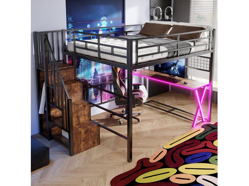  Lit mezzanine 160x200 cm avec bureau, armoire et led coloris noir  - Conforama E