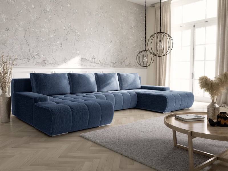 Canapé d'angle convertible velutti u velours côtelé poso bleu, forme u avec coffre - Conforama B