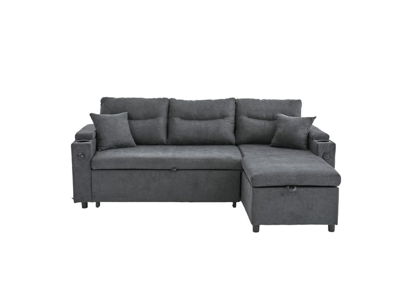  Canapé d'angle convertible ,3 places,avec espace de rangement, porte-gobelets et usb-c,en lin ,212,5x136x86 cm,gris  - Conforama A