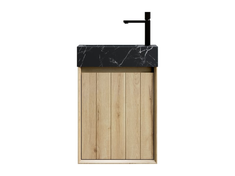  Meuble sous vasque avec 1 porte en marbre naturel et façade en bois massif pour petite salle de bain, noir et chêne blanc  - Conforama A