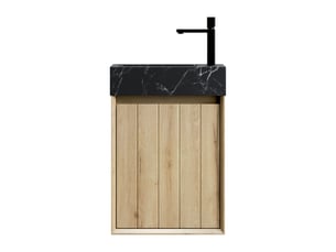 Meuble sous vasque avec 1 porte en marbre naturel et façade en bois massif pour petite salle de bain, noir et chêne blanc