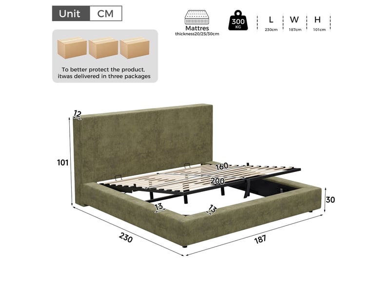  Lit coffre hydraulique 160x200 cm rembourré en chenille vert olive avec grand rangement, tête de lit et sommier à lattes Morn Vibe - Conforama C