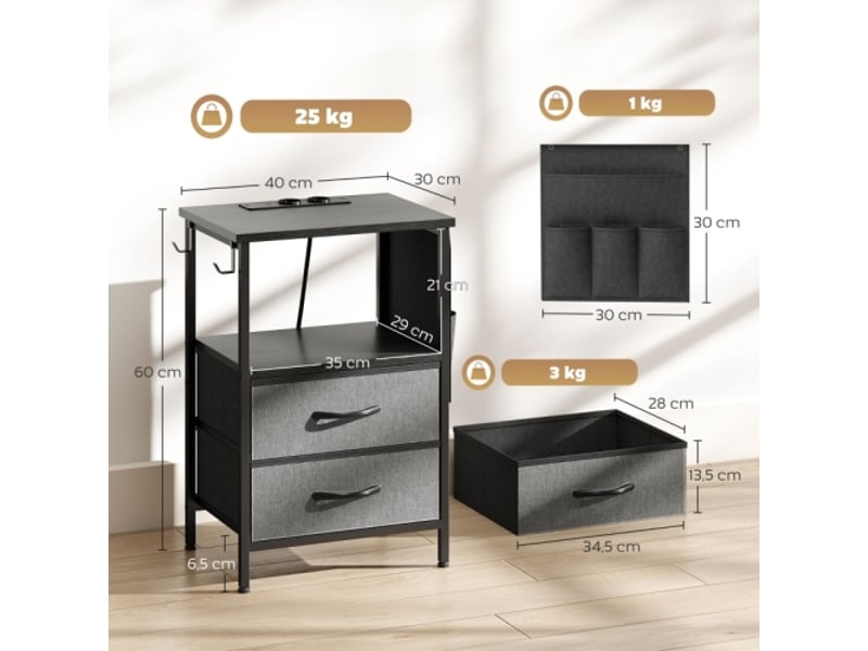  Table d’appoint avec station de charge, usb-c, tiroirs et crochets, acier noir 40x30x60 cm  - Conforama C