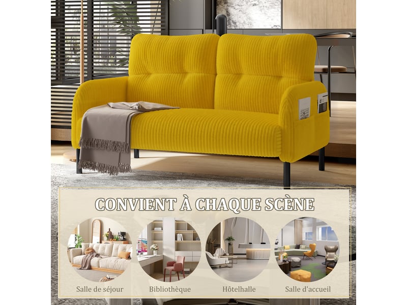  Canapé droit 2 places en velours côtelé jaune 120 x 75 x 79 cm avec poches latérales, salon bureau chambre 120x75x79cm - Conforama W