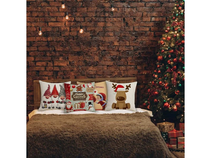  Housses de coussin de noël 45 x 45 cm, lot de 4, décoration en lin pour la maison, le salon, le canapé - lit, décoration de noël, marron  - Conforama D