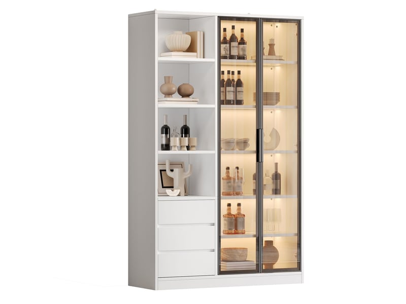  Vitrine 3 tiroirs meuble de rangement design blanc 2 portes vitrées droites en verre trempé tablette réglable en hauteur éclairage led intégré  - Conforama D