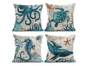 Lot de 4 housse de coussin - 18 x 18 cm lot de 4 housses de coussin sur le thème de l'océan bleu nautique ctier pieuvre hippocampe tortue baleine style méditerranéen taies d'o, 45,7 x 45,7 cm