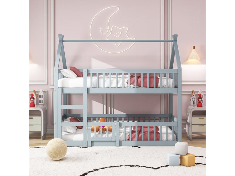  Lit cabane 90x200 enfant, lit superposé enfant en bois massif gris, lit mezzanine avec escalier et barrière de sécurité.  - Conforama B