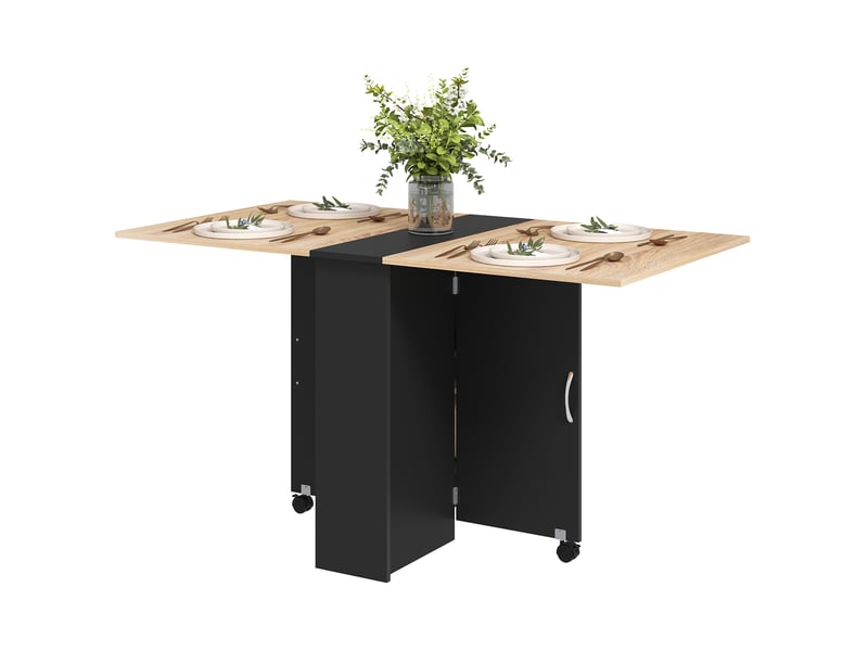  Table de cuisine pliante à roulettes, 2 étagères de rangement et 2 rallonges rabattables, style moderne, 75 x 140 x 74 cm, couleur naturelle  - Conforama B