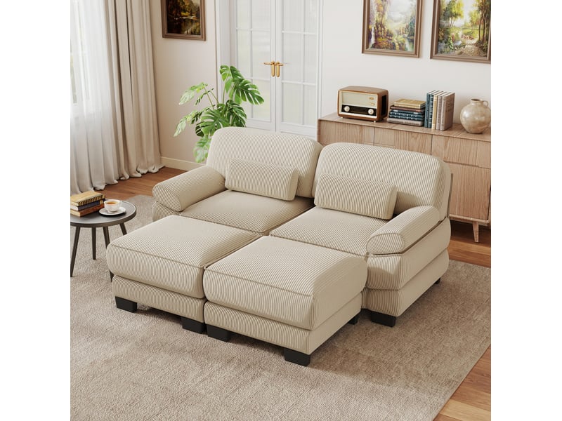  Canapé modulaire 2 places 194x161x94 cm, tendre, assise profonde, dossier, avec 2 poufs, en velours côtelé, beige  - Conforama E