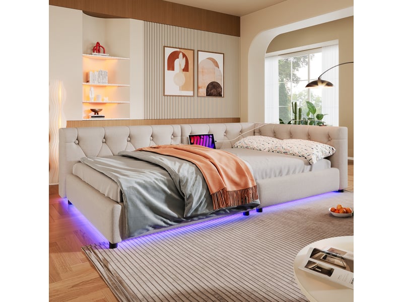  Lit banquette 90x200 cm avec led, usb et usb-c coloris beige  - Conforama E