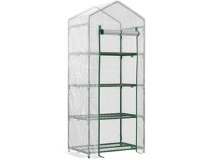 Serre de jardin compacte en pvc blanche 70 x 50 x 160 cm, 4 étagères et porte enroulable et film anti-uv